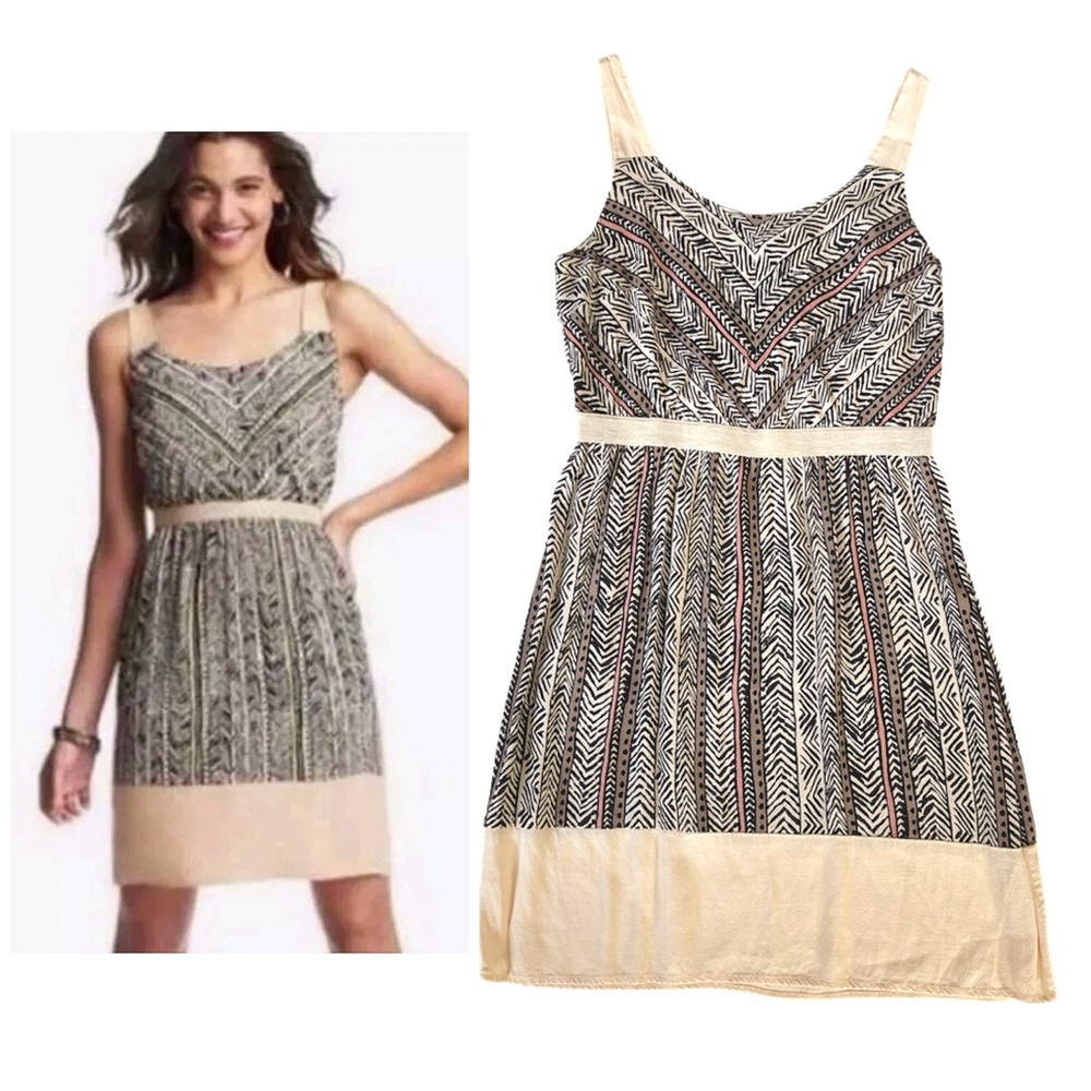 Loft Tan & Black Geometric Print Sleeveless Summer Dress Size 2 Petite